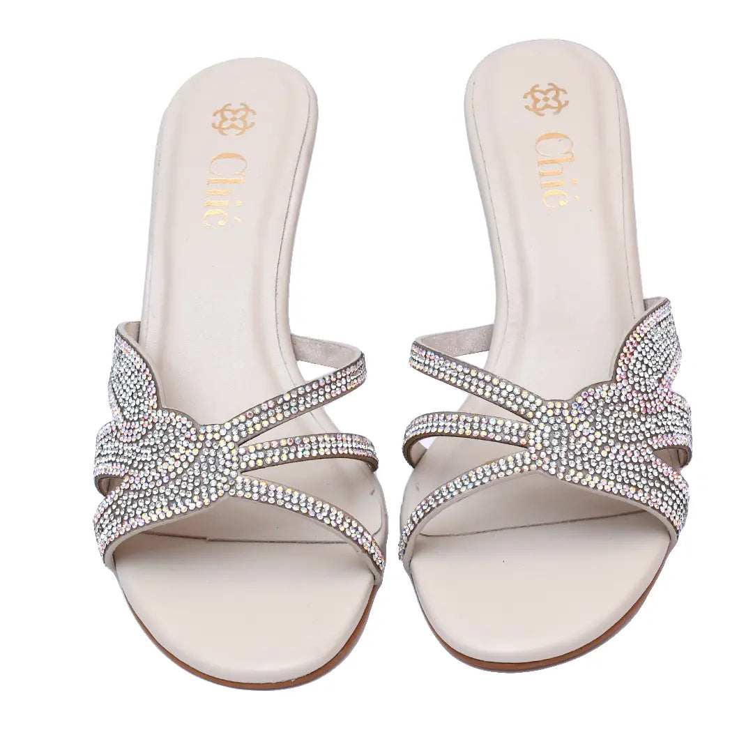 Crystal Embellished Kitten Heel Slipper in Nappa Leather